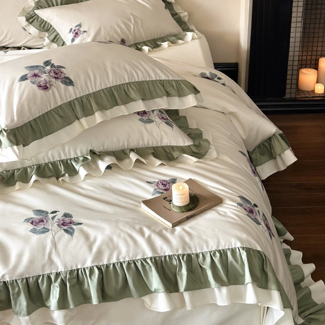 Floral Embroidered Ruffled Cotton Sateen Duvet Cover Set with Double-Layer Ruffle Hem