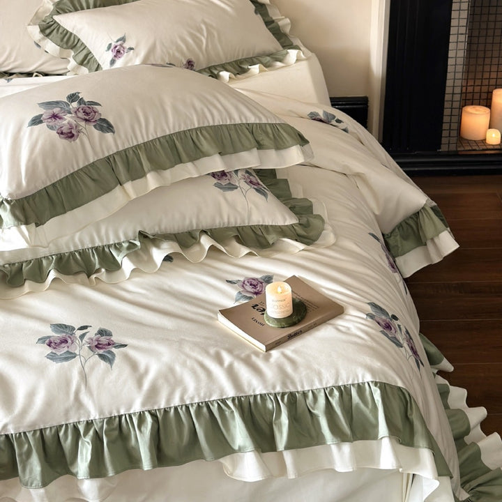 Floral Embroidered Ruffled Cotton Sateen Duvet Cover Set with Double-Layer Ruffle Hem
