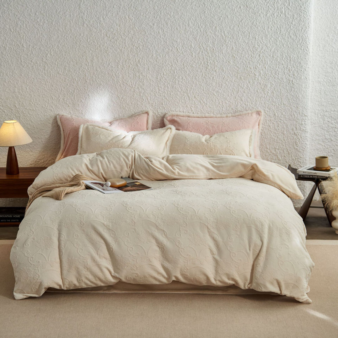 Embossed Paisley Plush Microfiber Duvet Cover Set with Sherpa-Lined Shams