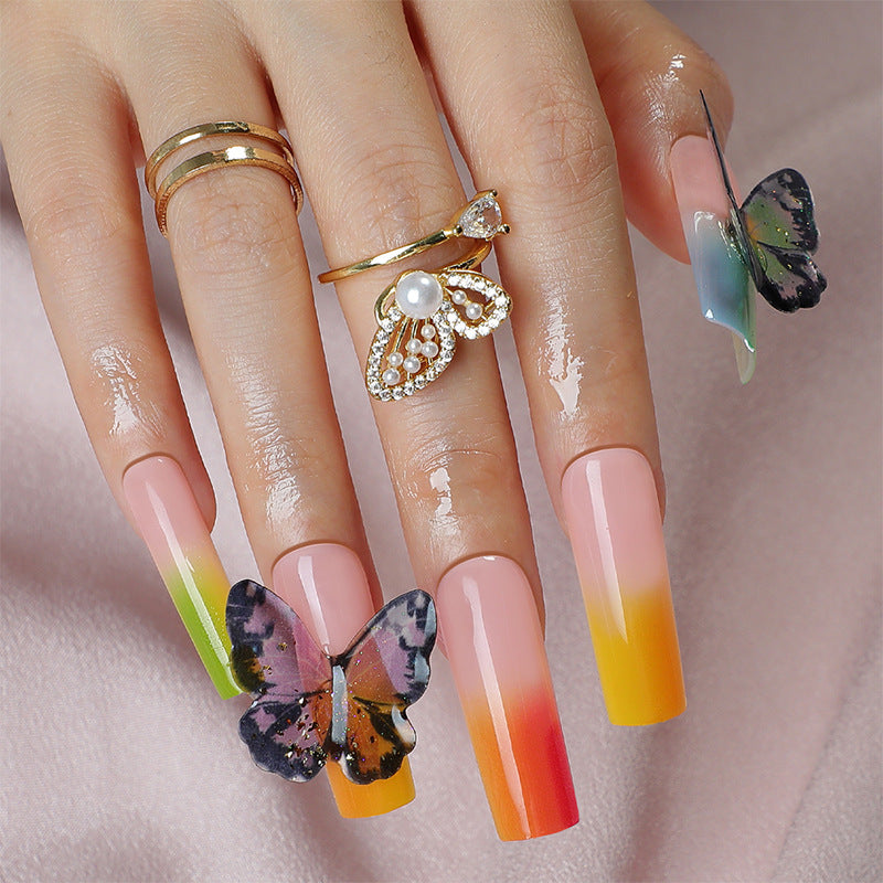 Artistic Press-On Nail Set with Butterfly and Gradient Design Stornfield