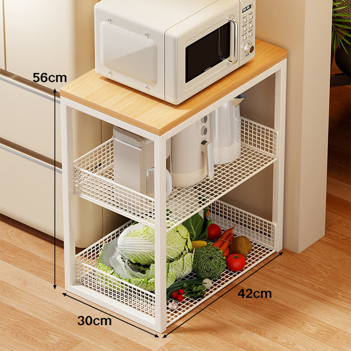Narrow Bamboo-Top Rolling Kitchen Storage Trolley with Wire Basket Shelves
