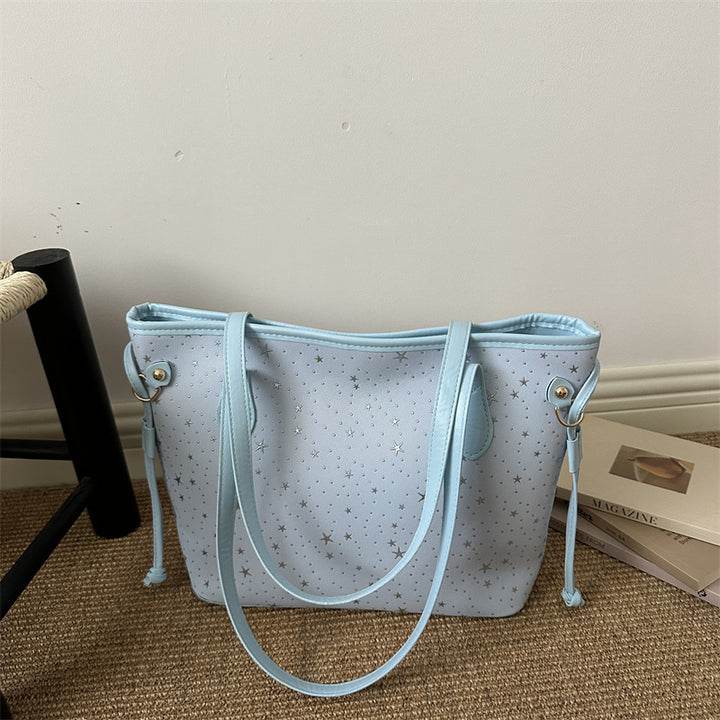 Star-Accented Faux Leather Tote Bag