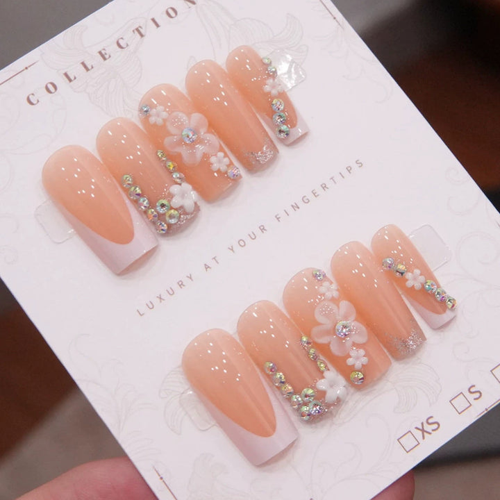 Luxury Press-On Nail Art Set with Floral and Gem Accents