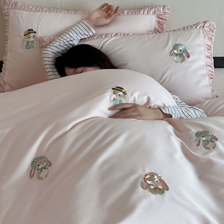 Luxurious cotton satin bedding set with embroidered bunnies