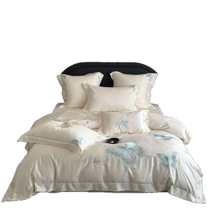 Elegant satin bed linen set with tonal butterfly embroidery