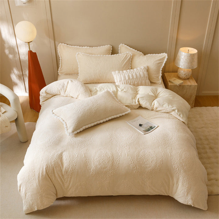 Quilted Medallion Embossed Duvet Cover Set with Pom-Pom Trim and Pillow Shams