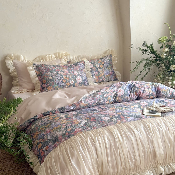 Floral Ruffled Satin-Trim Duvet Cover Set with Pleated Bed Skirt and Pillow Shams