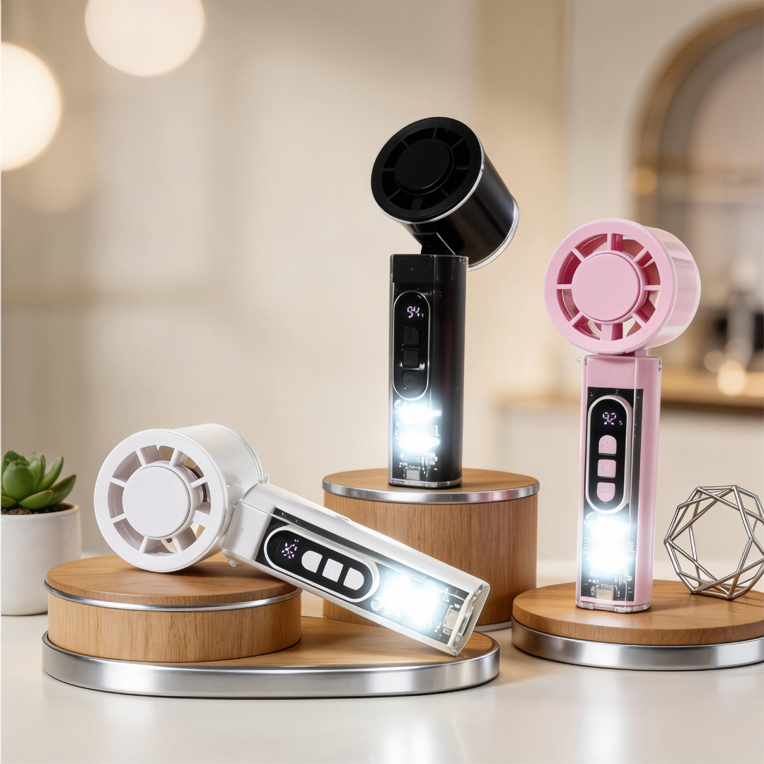 Women Portable Hand Fan with Temperature Display and LED Lighting Stornfield