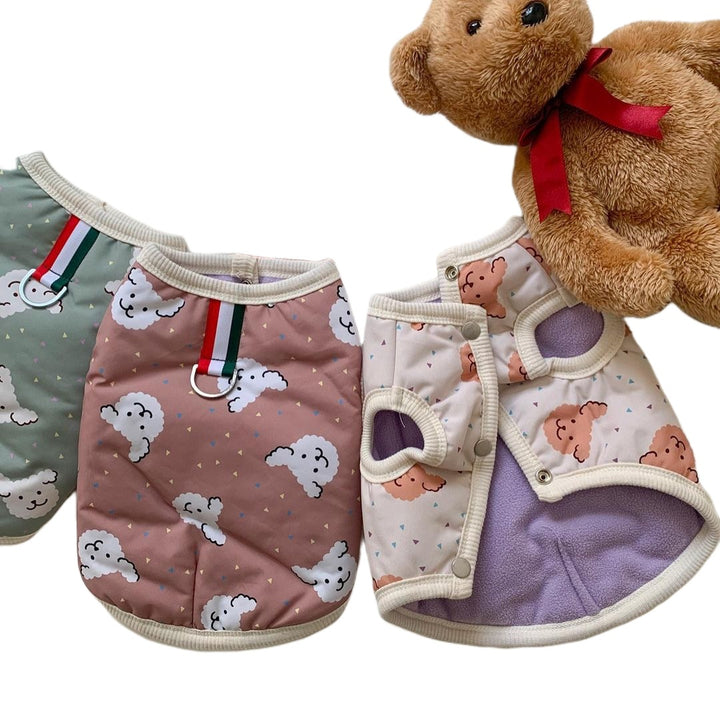 Padded Dog Coat with Faux Fur Hood, Harness D-Ring & Playful Sheep Print