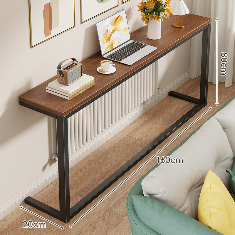 Slim Narrow Console Table with White Metal Frame and Wood-Grain Top