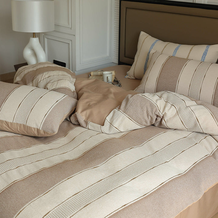 Striped Textured Cotton-Linen Duvet Cover Set with Decorative Euro Shams