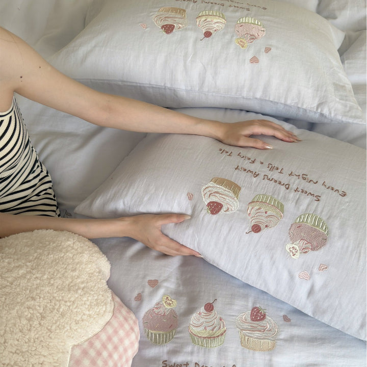 Embroidered Cupcake and Cherry Cotton Sateen Duvet Cover Set with Pillow Shams