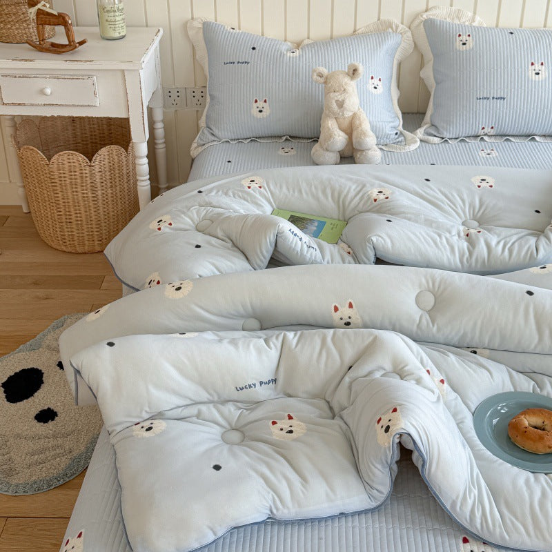 Quilted Cotton-Blend Light Comforter with Botanical Micro-Print and Contrast Piped Edge