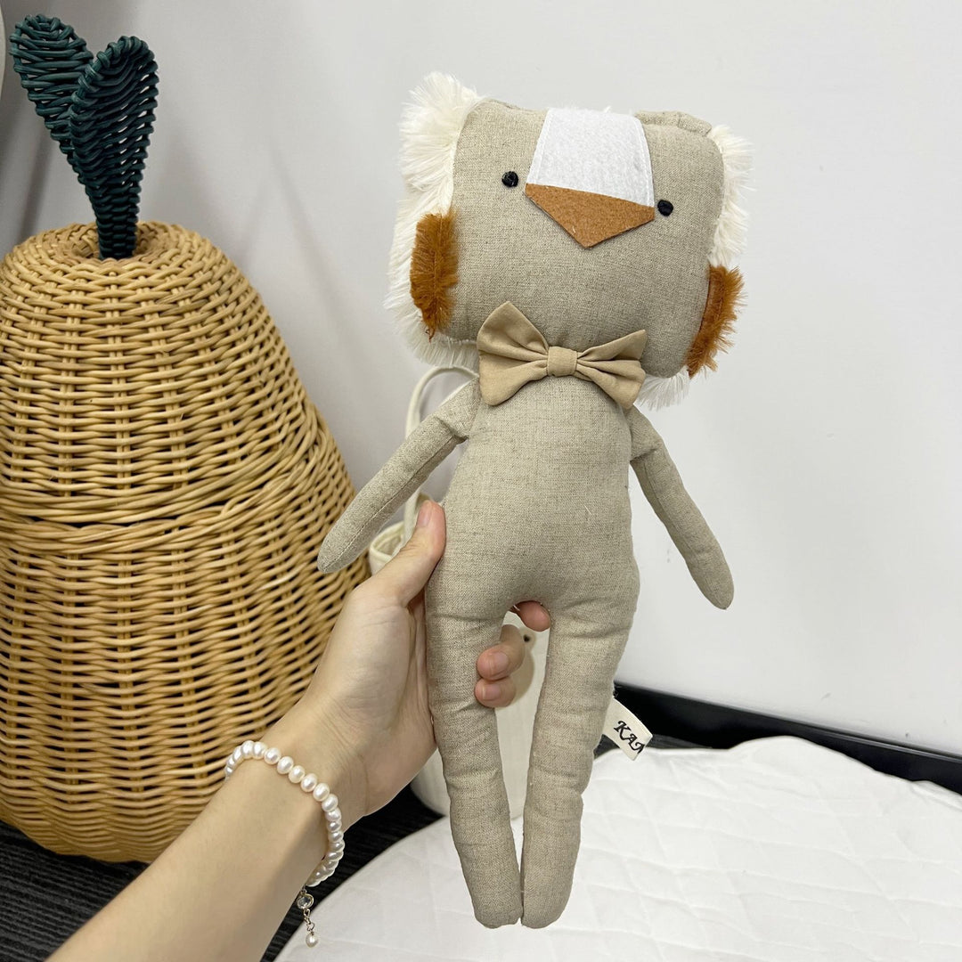 Handcrafted Linen Elephant Plush Doll with Striped Ruffle Collar and Soft Romper