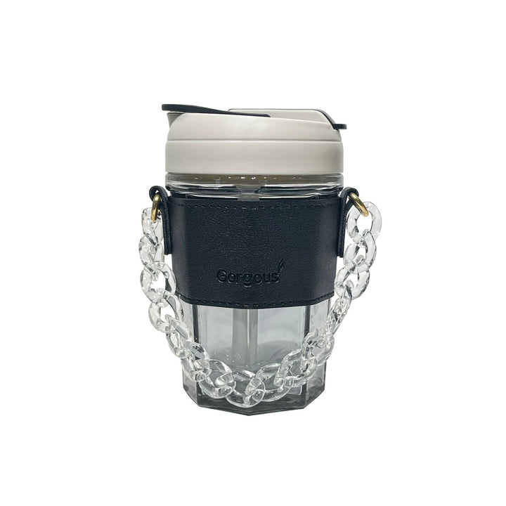 Women drinking cup with elegant leather handle and practical carrying chain Stornfield