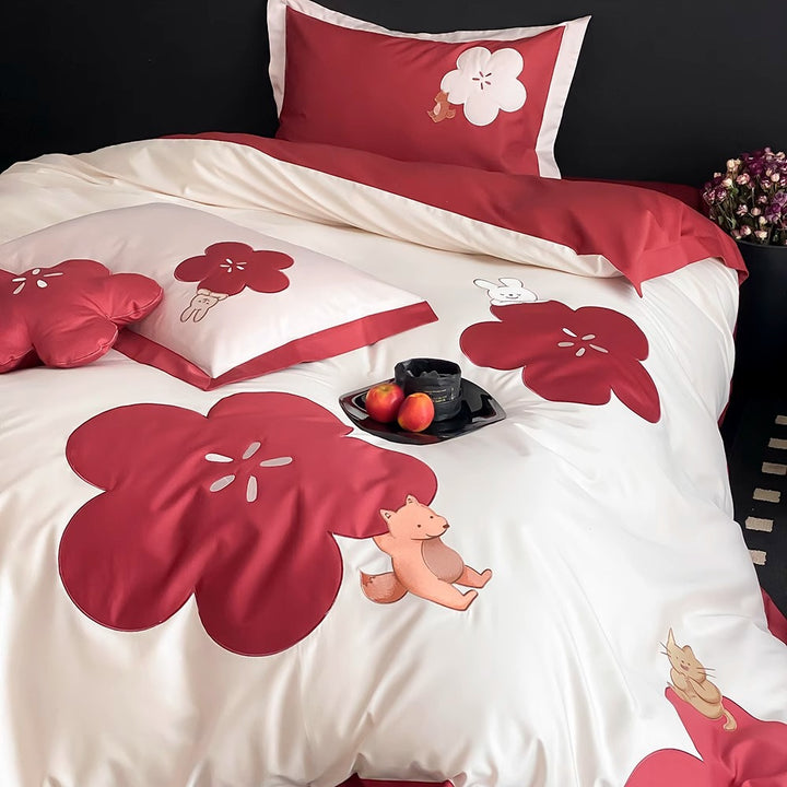 Floral Appliqué Cotton-Sateen Duvet Cover Set with Decorative Pillow Shams