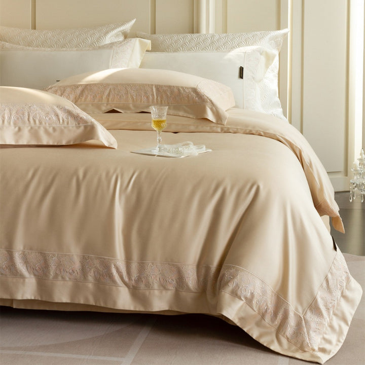 Silky Sateen Duvet Cover Set with Floral Lace Inset and Deep-Pocket Pillow Shams