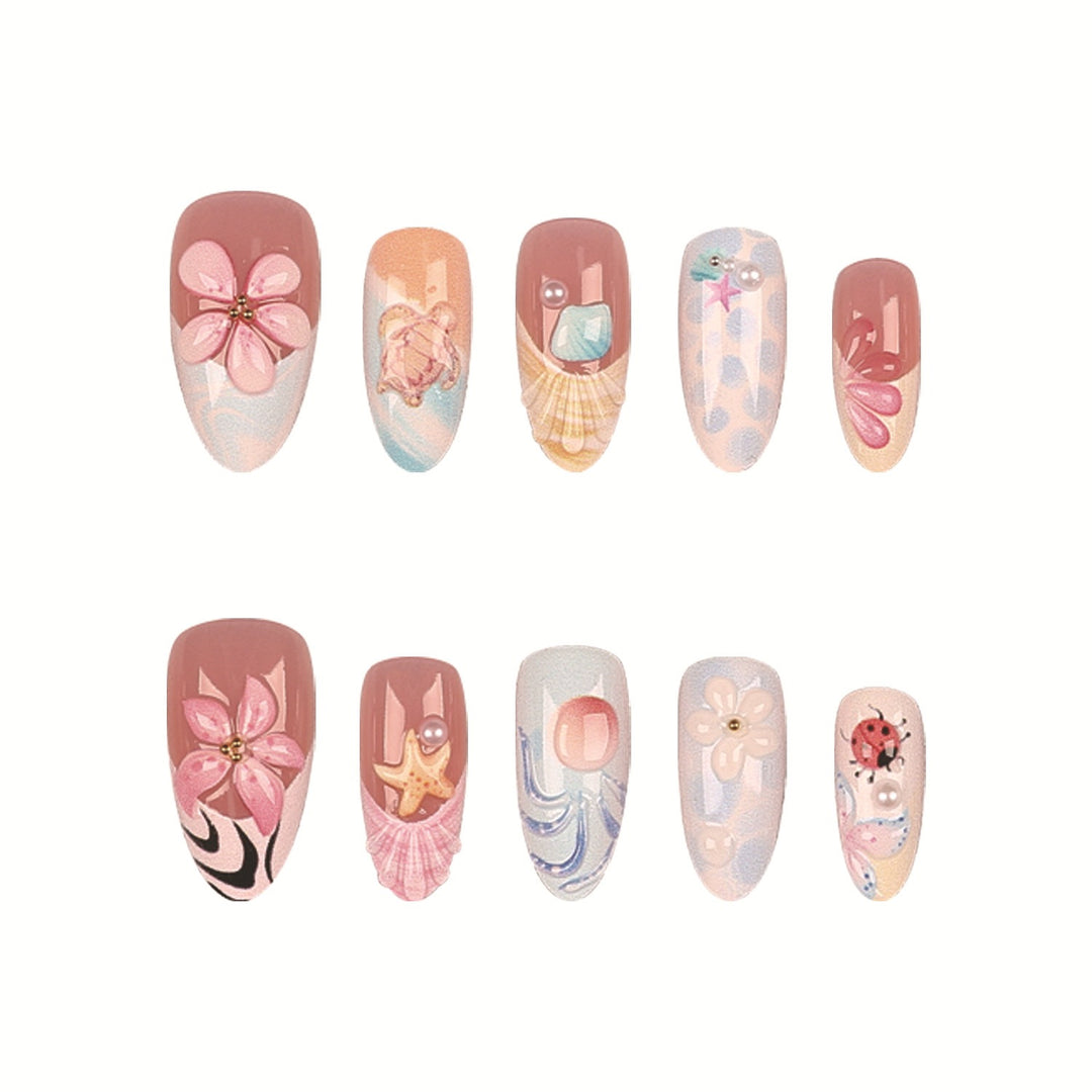Artistic Press-On Nail Set with Floral and Shell Designs