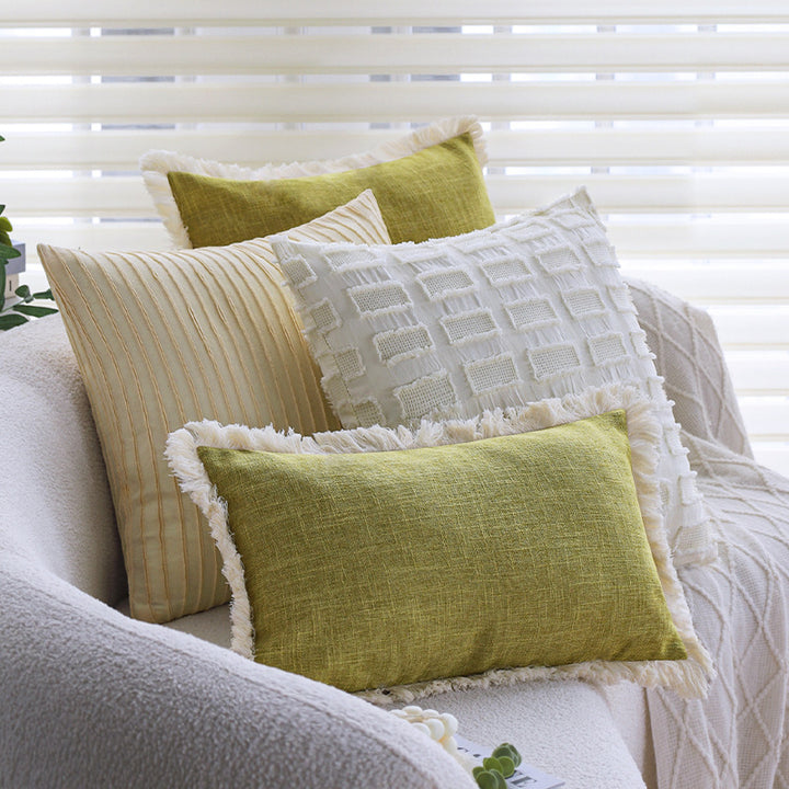 Square decorative pillow cover made of cotton blend with relief rectangular tufts and fringed edge Stornfield