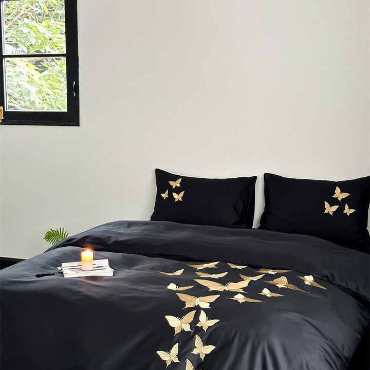 Luxury Cotton Sateen Duvet Cover Set with Gold Butterfly Embroidery