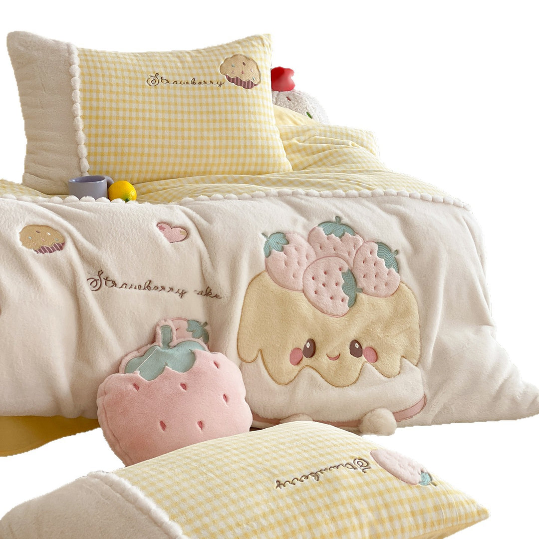 Cozy bedding set with embroidered strawberry appliqués