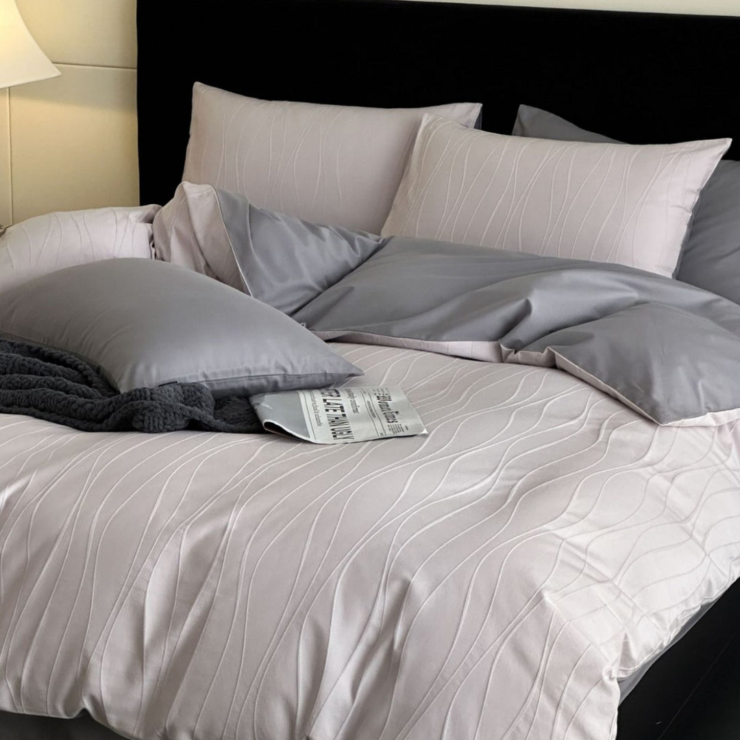 Textured Jacquard Cotton Sateen Duvet Cover Set with Reversible Weave