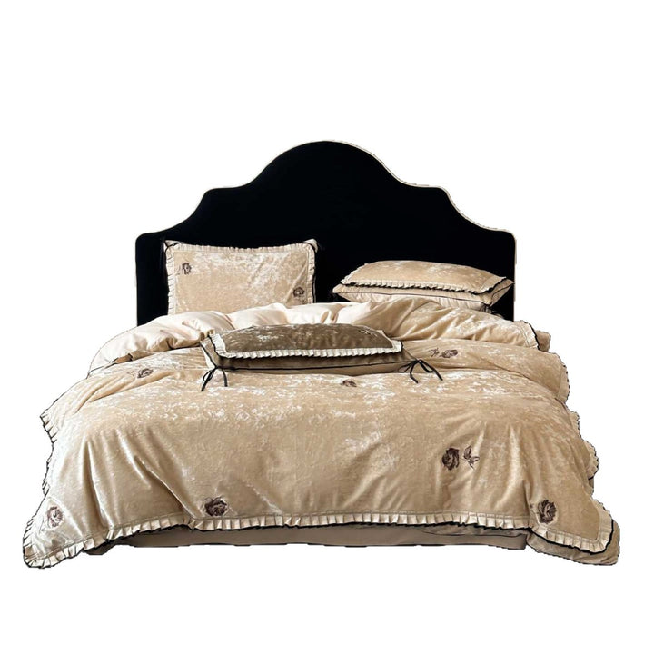 Luxurious Crushed Velvet Embroidered Duvet Cover Set with Ruffled Pleat Trim and Tie Closures