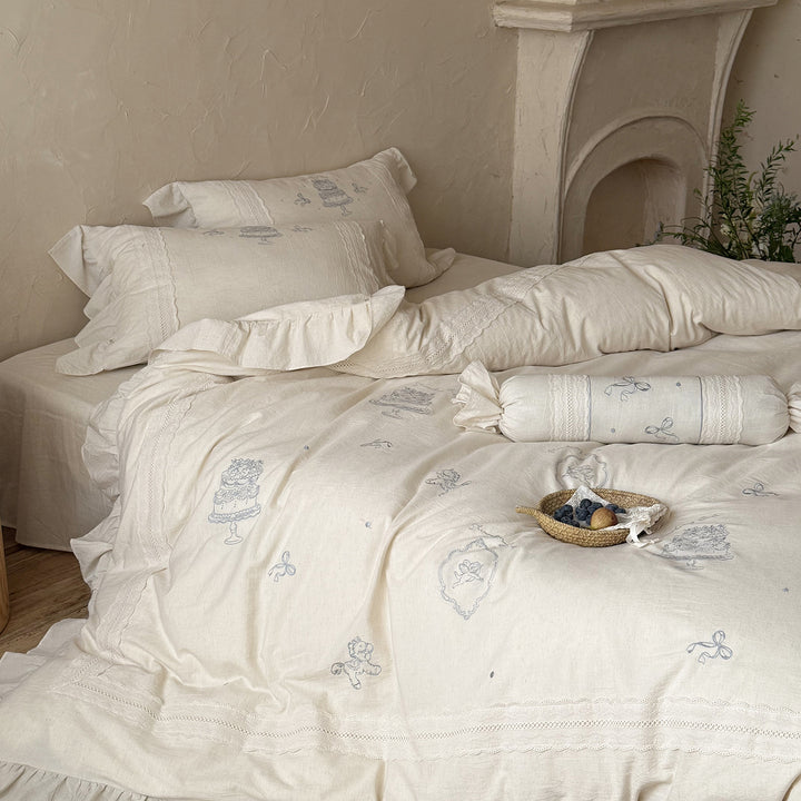 Embroidered Linen Ruffled Duvet Cover Set with Lace Trim and Decorative Bolster