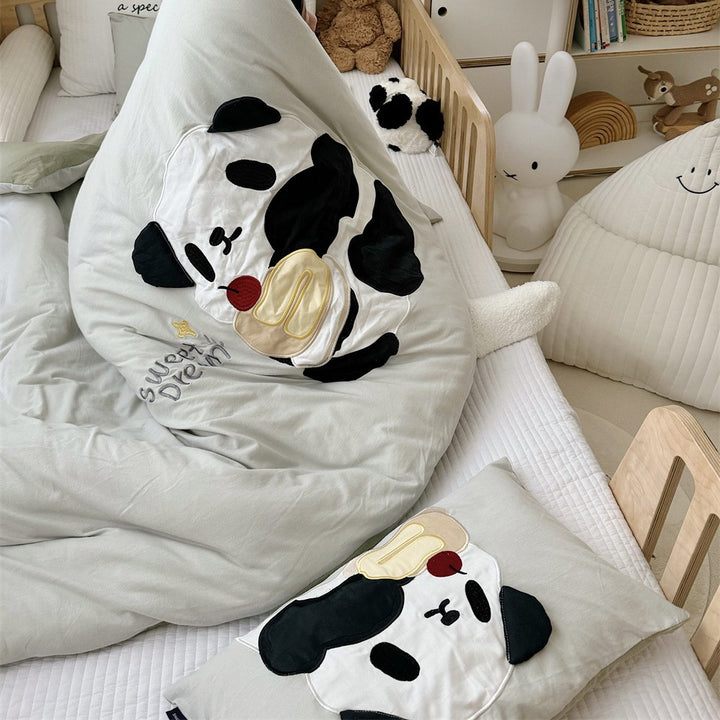 Kids Appliqué Puppy Cotton Sateen Duvet Cover with Quilted Puppy Face Pillow Shams