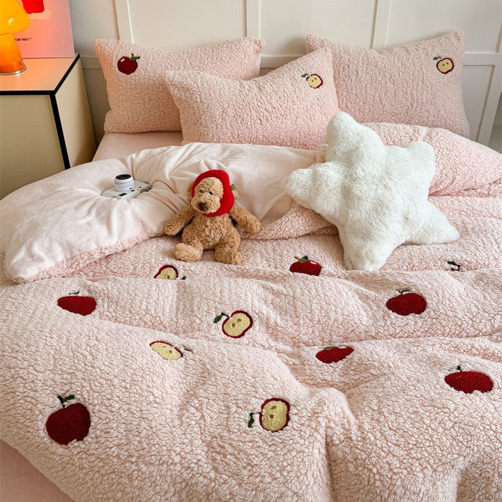 Plush quilt set with rabbit embroidery and Sherpa surface