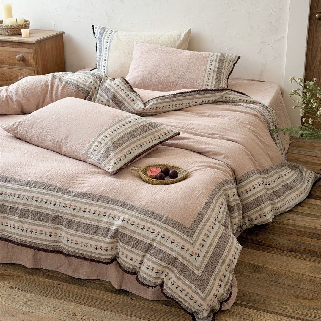 Linen-Blend Bohemian Printed Duvet Cover Set with Fringed Edge and Pillow Shams
