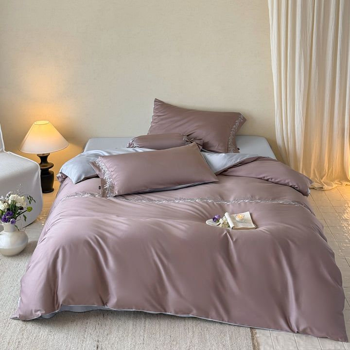 Reversible Silky Sateen Embroidered Duvet Cover Set with Pillowcases