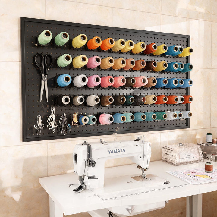 Large Vertical Perforated Wall Storage Panel with Adjustable Hooks and Accessory Mounts