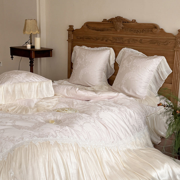 Luxurious satin jacquard bedding set with pleated bed skirt and fine lace trim