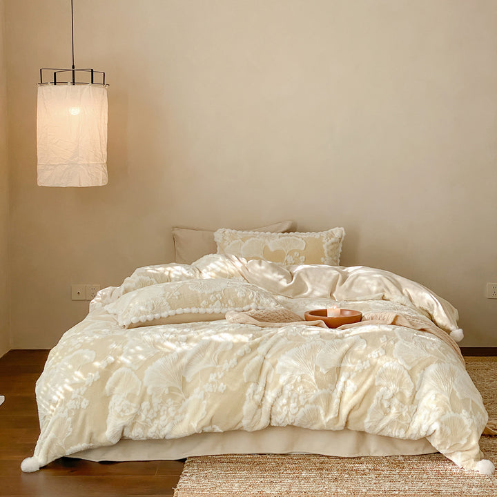 Cozy microfiber bedding set with jacquard floral relief and pompom edge