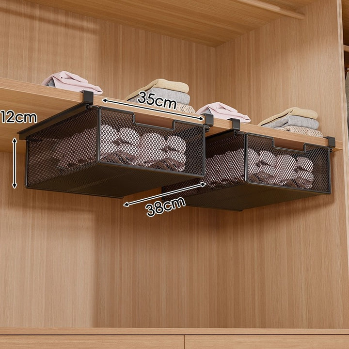 Under-Shelf Pull-Out Metal Mesh Closet Basket Organizer with Clamp Rail