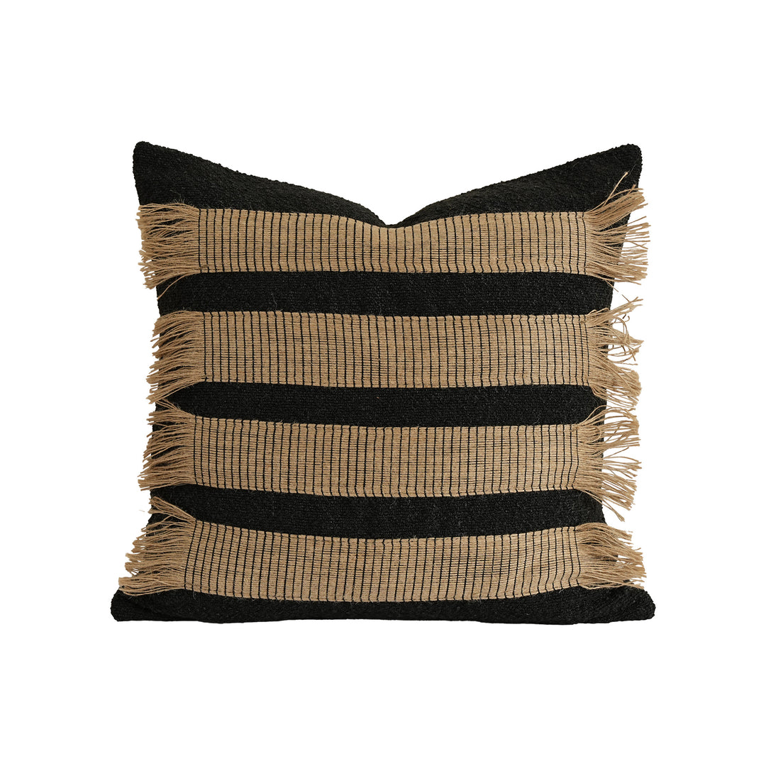Rectangular boucle decorative pillow with hand-woven jute stripes and long fringes