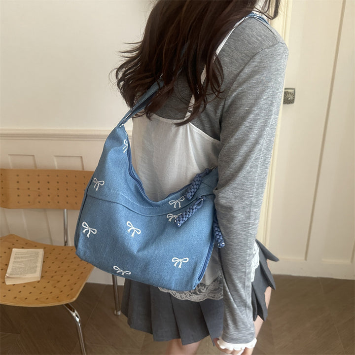 Embroidered Denim Shoulder Bag