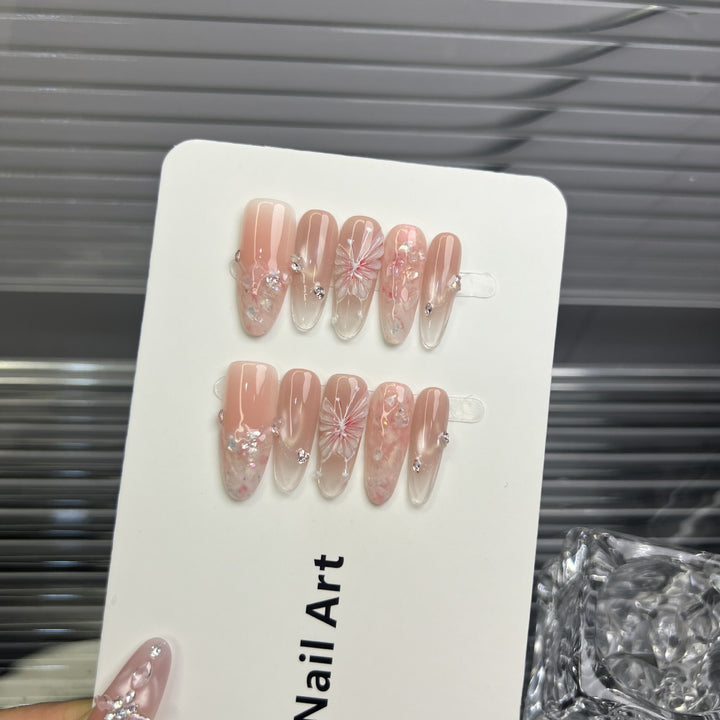 Artistic Press-On Nail Art Set with Floral and Gemstone Embellishments