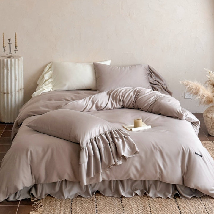 Ruffled-Edge Sateen Duvet Cover Set with Skirted Bedskirt & Decorative Pillow Shams