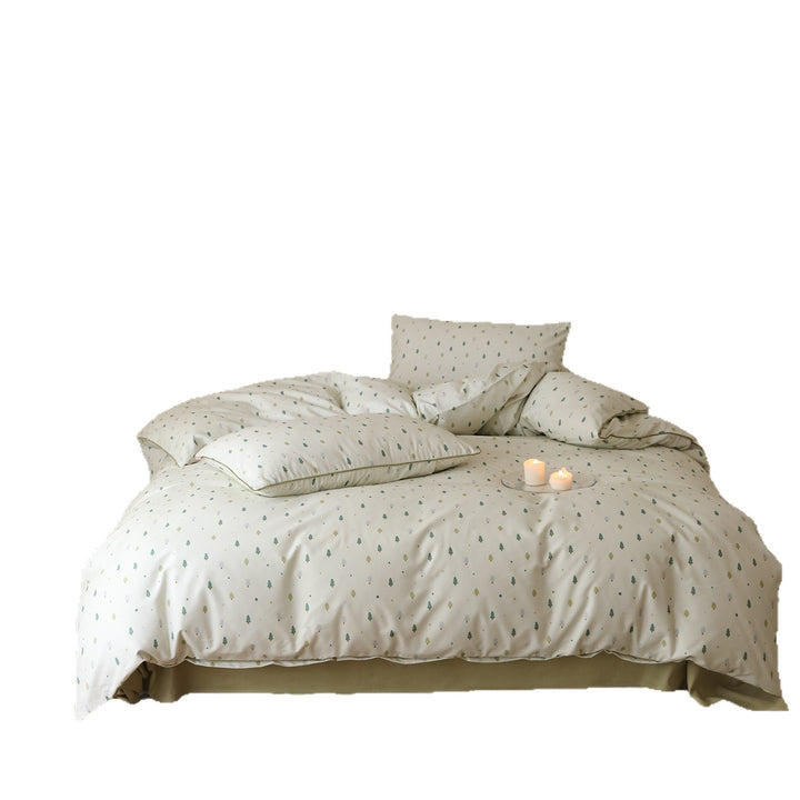 Cotton satin bed linen set with small tree print and contrast piping