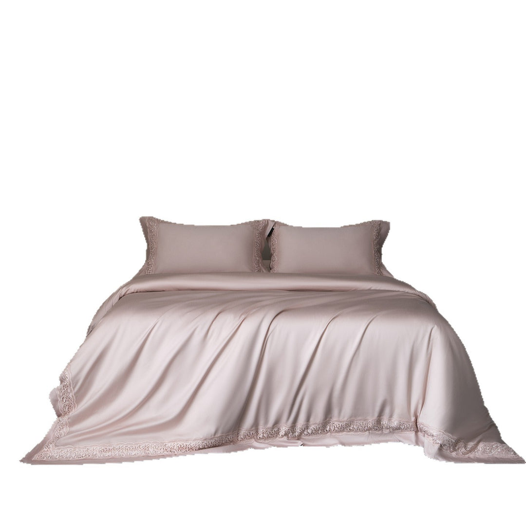 Silky Charmeuse Lace-Trim Duvet Cover Set with Concealed Closure and Matching Shams