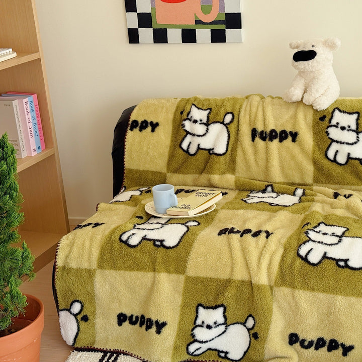 Plush Sherpa Fleece Throw Blanket with Cartoon Dog Motif