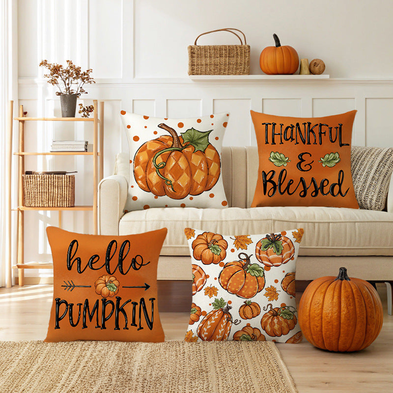 Autumn Harvest Linen-Texture Decorative Throw Pillow Cover with Thankful & Blessed Print
