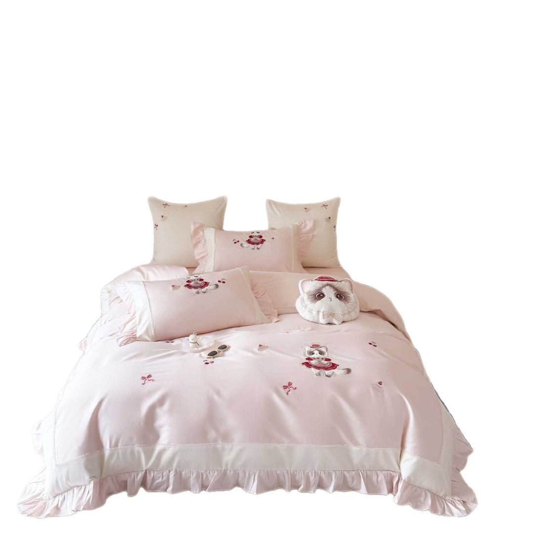 Ruffled Satin-Feel Embroidered Kitten Motif Duvet Cover Set with Plush Decorative Pillow