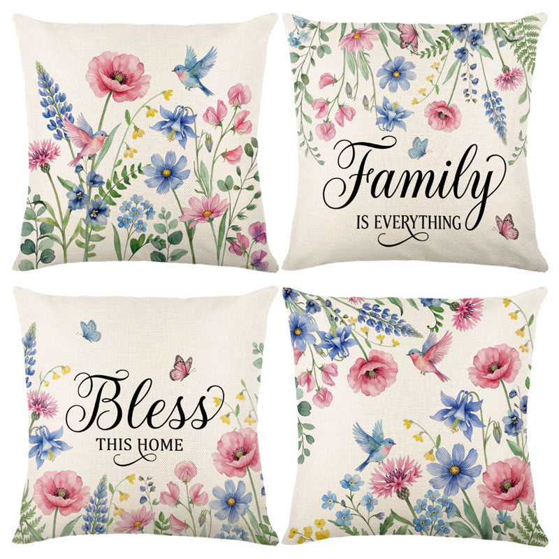 Decorative Linen-Texture Floral "Bless This Home" Accent Pillow