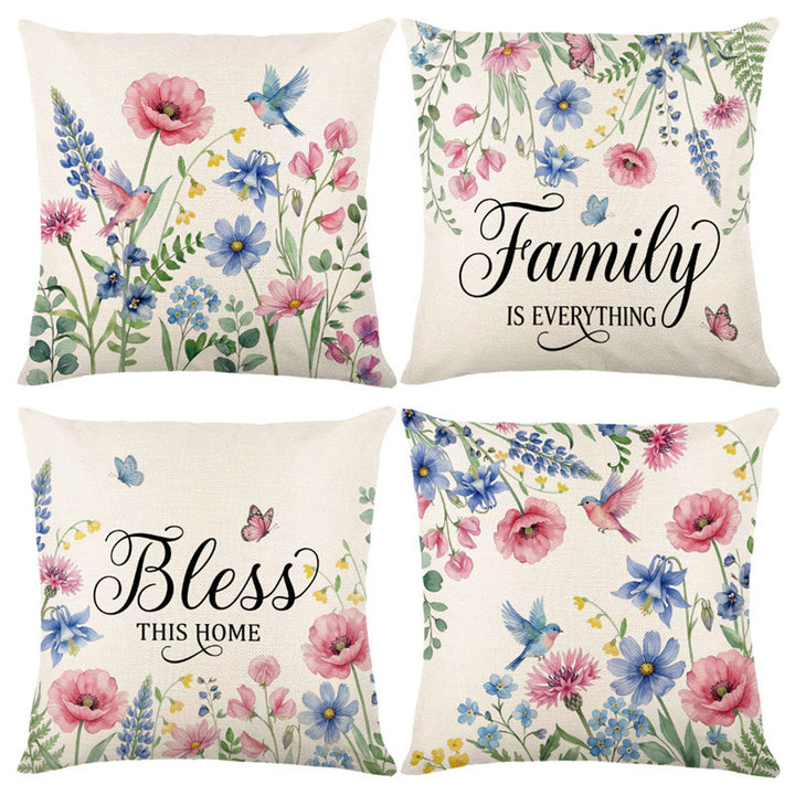 Decorative Linen-Texture Floral "Bless This Home" Accent Pillow