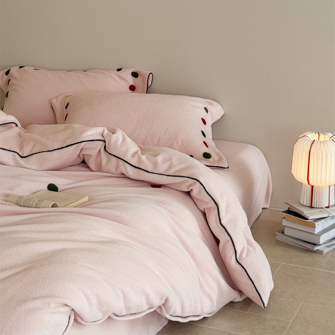 Plush Textured Duvet Cover Set with Contrast Piping and Embroidered Dot Accents
