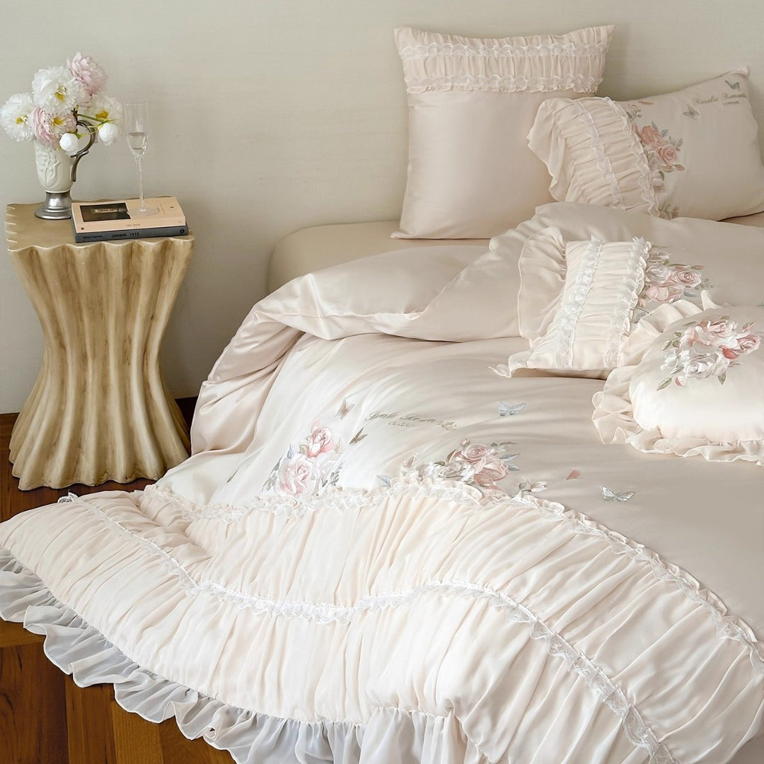 Ruffled Embroidered Rose-Print Cotton Sateen Duvet Cover & Sham Ensemble with Frilled Bedskirt-Style Hem
