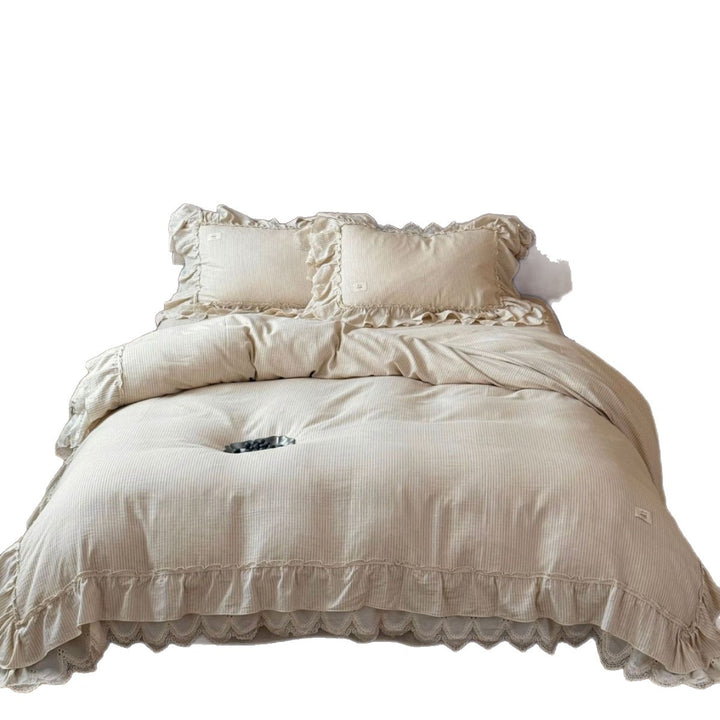 Reversible Striped Cotton Ruffle Duvet Cover Set with Lace-Trim Pillow Shams